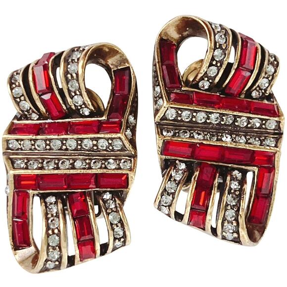 Heidi Daus Ribbon Candy Swarovski Red Rhinestone Holiday Clip On Earrings - Picture 1 of 11